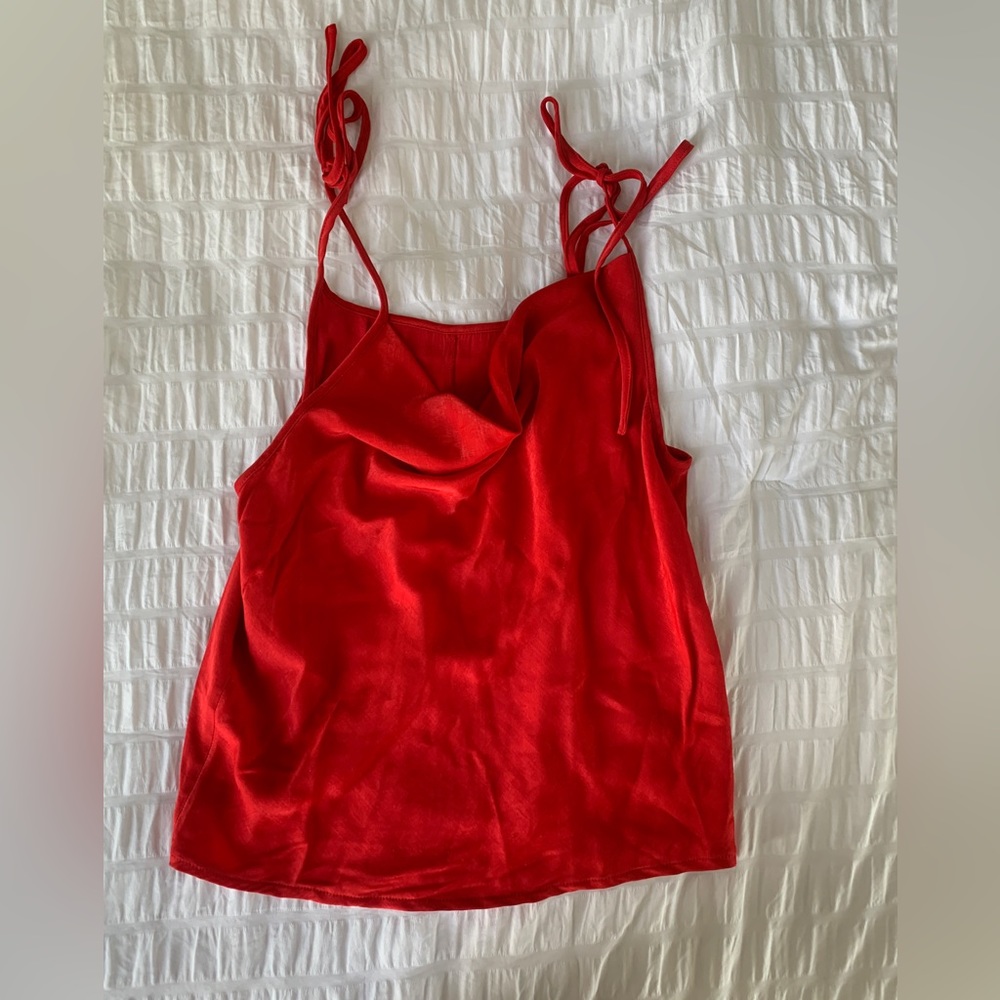 Red cowl neck sleeveless blouse